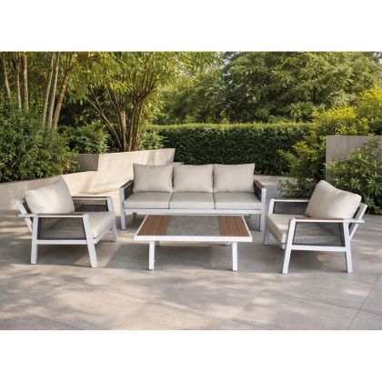 Градински комплект Toro 4 бр., алуминий бял, плетен от въжета антрацит, поливуд натурален, макс. екрю