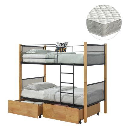 Двуетажно легло с чекмеджета и матраци Rayven Hm21336.02 дърво, цвят бук, метал, размер 90x190см.