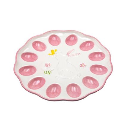 Декоративна саксия за великденски яйца със заек, керамична, бяла - розова, 25.7x2.2см