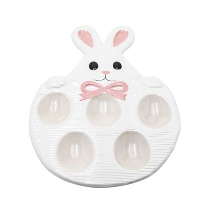 Декоративна саксия за великденски яйца със заек, керамична, бяла - розова, 27x17.8x2.2см