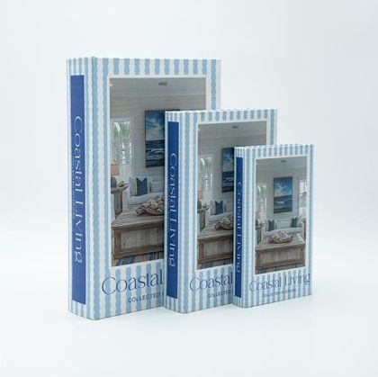 Дървена кутия-книга S/3, светлосиня - бяла, 33x22x7см / 26x17x5см / 21x13x3см