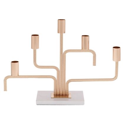 ЗЛАТИСТ МЕТАЛЕН 5-СТЕПЕНЕН СВЕЩНИК НА БЯЛА МРАМОРНА ОСНОВА 35X8X25СМ