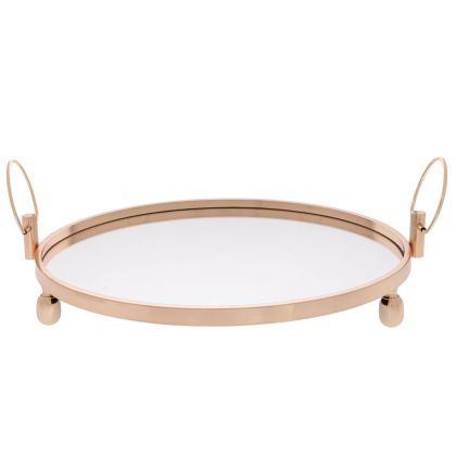 ЗЛАТИСТ МЕТАЛЕН ПОДНОС СЪС СТЪКЛЕНА ПОВЪРХНОСТ В КРЪГЛА ФОРМА 50X50X11 СМ
