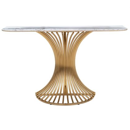 ЗЛАТИСТА МЕТАЛНА КОНЗОЛА С БЯЛА КЕРАМИЧНА ПОВЪРХНОСТ (МРАМОРЕН ЕФЕКТ) 130X40X80 СМ