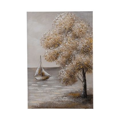 Картина върху платно дърво и кораб кафяво-бяло-бежово 60x3x90см