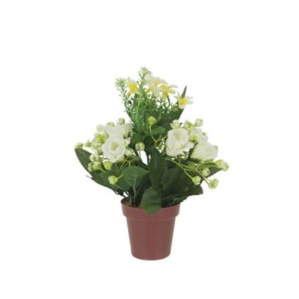 Кафява саксия с композиция от бели рози - в19 см