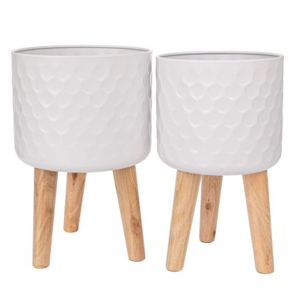 КОМПЛЕКТ 2 БЕЛИ МЕТАЛНИ САКСИИ С ДЪРВЕНИ КРАКА 28X43 25X41 СМ