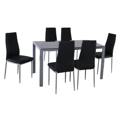 Комплект маса и столове Jetta-dego: маса + 6 стола, сив метал - черно стъкло - черно Pvc