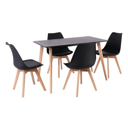 Комплект маса и столове Martin: маса + 4 стола, Mdf черен - натурален бук, Pp черен