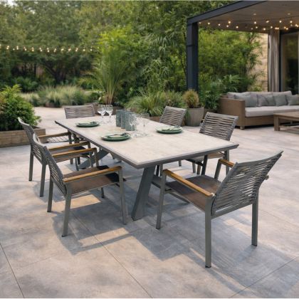 Комплект маса и столове Sierra: маса + 6 фотьойла, сив алуминий, плот Psp бял дъб