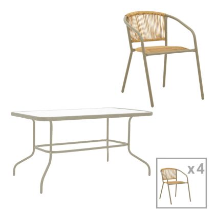 КОМПЛЕКТ МАСА И СТОЛОВЕ VALOR-LINDARIA, 5 ЧАСТИ, МЕТАЛ В ЦВЯТ ШАМПАНСКО И ПОЛИРАТАН В ЕСТЕСТВЕН ЦВЯТ, 110X60X70 СМ