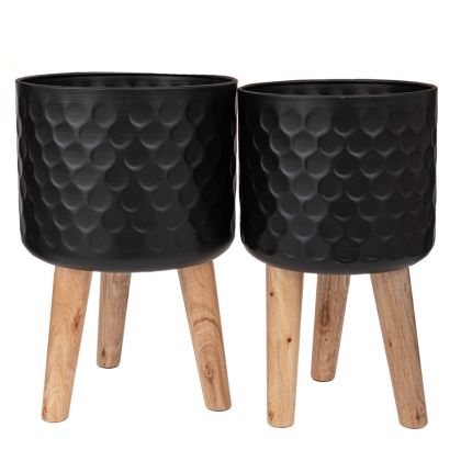 КОМПЛЕКТ ОТ 2 ЧЕРНИ МЕТАЛНИ САКСИИ С ДЪРВЕНИ КРАКА 28X43 25X41 СМ