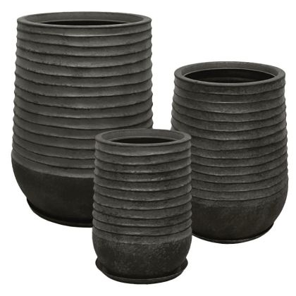 Комплект саксии от полирезин с чинии/6 черни стари бъчви - д: Φ53x69.5, м: Φ39x51, ш: Φ28x37см