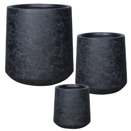 Комплект саксии от фибърглина/3 високи конусни саксии с черен камък - р: Φ28x30, м: Φ38.5x41, д: Φ52x56см 16/pal