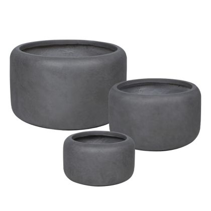 Комплект саксии от фибърклей/3 къси черни с висока тегловидка - S:φ32x20, M:φ44x26, L:φ55x33см 14/pal