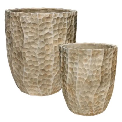 Комплект саксии/2 кръгли светло кафяви с резбован модел - Д:φ30x34.7, Ш:φ25.3x29.5см 1/кутия
