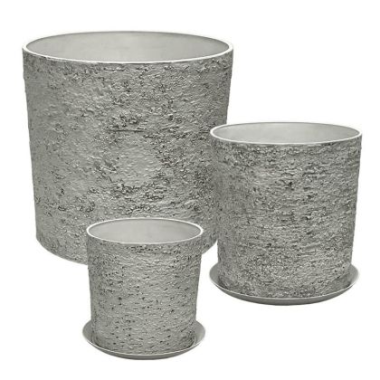 Комплект саксия от камък полисмола с чинии/5 сиви износени камъка - Д:φ43x43, М:φ35x36, Ш:φ28x28см