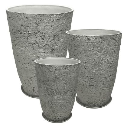 Комплект саксия от камък полисмола с чинии/6 сиви износени камъка - Д:φ51x71, М:φ43x60, Ш:φ35.5x49.5см