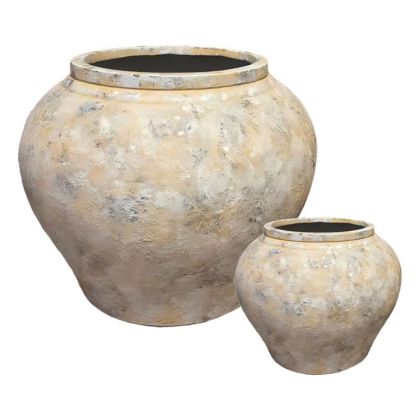 Комплект/2 леки циментови саксии, бежови, стари - размер: Φ35x30, дължина: Φ69x58см 1/кутия