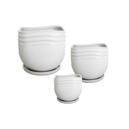 Комплект/3 бели кръгли глинени саксии с чинийки - р: Φ14x14, м: Φ19.5x18.5, д: Φ24x23.5 см 2/кутия