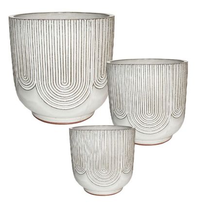 Комплект/3 кръгли глинени саксия с извити линии - р: Φ24.5x24.5, м: Φ31x30.5, д: Φ41x40.5 см 30/опаковка
