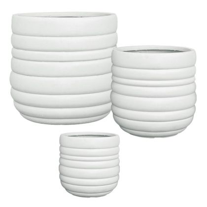 Комплект/3 леки циментови саксии, бели, кръгли с линии - размер: Φ30x28, м: Φ42x40, д: Φ54x51см 1/кутия