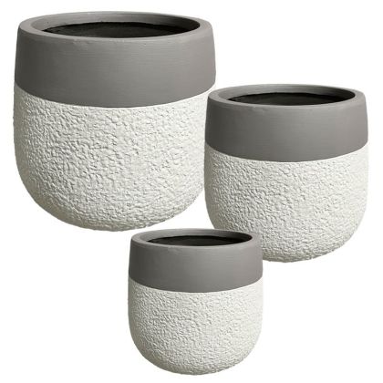 Комплект/3 леки циментови саксии, сиви, с дървени въглища, кръгли - S:φ29x26, M:φ40x36, L:φ55x48см 1/кутия
