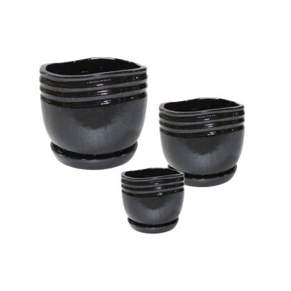 Комплект/3 черни кръгли глинени цветя с чинийки - р: Φ14x14, м: Φ19.5x18.5, д: Φ24x23.5 см 2/кутия