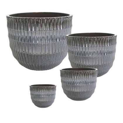 Комплект/4 глинени саксии сиви кръгли с релеф - S:φ16.5x13.5, M:φ22x18, L:φ28.5x24, Xl:φ36x29.5см 63/pal