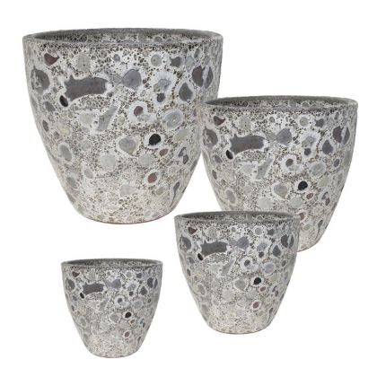 Комплект/4 сиви кръгли глинени саксии, античен тип - S:φ21.5x20.5, M:φ26.5x24.5, L:φ36x31, Xl:φ44x37см 60/бр.