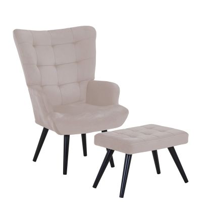 Кресло Lobby - Bergerac с табуретка - табуретка за крака, черен метал, бежов велуренен плат