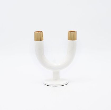 Метален свещник, бяло-златен, 11x7.5x15см