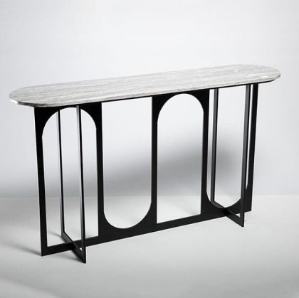 Метална конзола, черна с метален сив плоч, 140x34x79.5 см