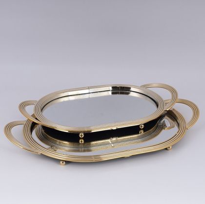 МЕТАЛНИ ПОДНОСА S/2 С ОГЛЕДАЛО ЗЛАТИСТО 27X45СМ / 21X38СМ