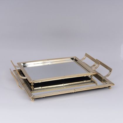МЕТАЛНИ ПОДНОСА S/2 С ОГЛЕДАЛО ЗЛАТИСТО 46X28СМ / 40X22СМ