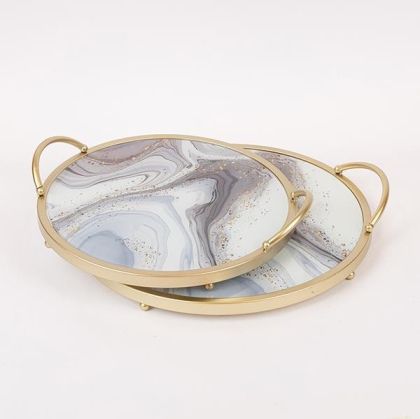 МЕТАЛНИ ПОДНОСИ S/2 С ЕФЕКТ НА СТЪКЛЕН МРАМОР - ЗЛАТНА 35X35X6СМ / 30X30X6СМ