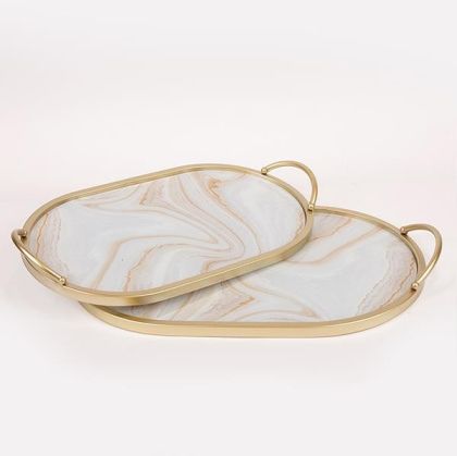 МЕТАЛНИ ПОДНОСИ S/2 СЪС СТЪКЛО, ЗЛАТИСТА - БЯЛА 47.5X30X6СМ / 40X25X6СМ