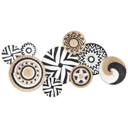 Метално-ракитен покрив за стена, златист/черен/бял/кафяв, кръгове, бохо стил - 107.3x57.8x8.9см 4/kib