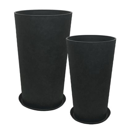 Саксия от камък полисмола с комплект чинии/4, висока, конусиста, черна, с въглен - Д:φ45.5x76, М:φ36.5x62см