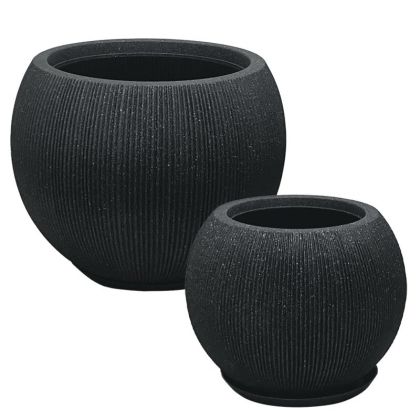 Саксия от полисмола с комплект чинии/4 черни гранитови раирани топки - Д:φ53x41.1, М:φ37x30см