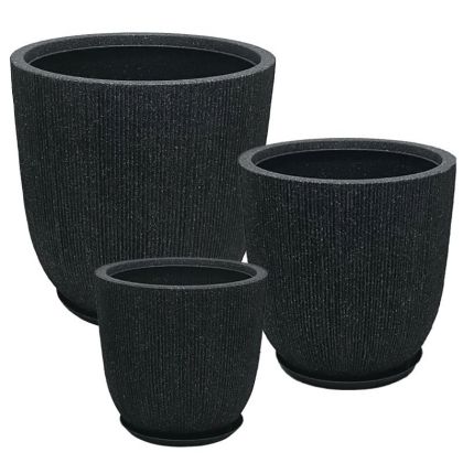 Саксия от полисмола с комплект чинии/6 черни гранитови раирани - Д:φ44x44.5, М:φ37x37.5, Ш:φ31x31.5см