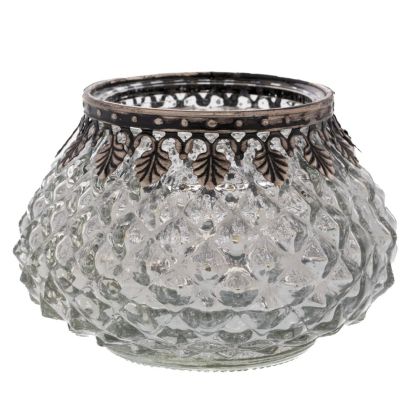 СТЪКЛЕНА ПОСТАВКА ЗА ЧАЕНИ СВЕЩИ В СРЕБЪРИСТ ЦВЯТ ВИНТИДЖ 11,5X11,5X8СМ