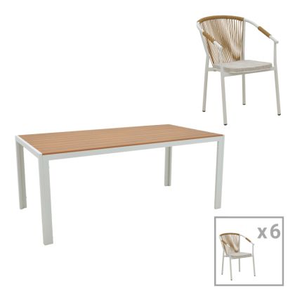 ТРАПЕЗНА МАСА NARES-CONVINCE B КОМПЛЕКТ ОТ 7 ЧАСТИ БЕЛИ АЛУМИНИЕВИ И ШПЕРПЛАТ В ЕСТЕСТВЕН НЮАНС 180X90X72.5СМ