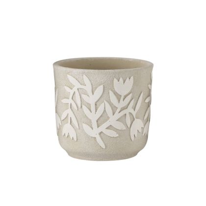 Циментова саксия, кремаво-бежова, кръгла, релефни растения Φ17.5x16см - 1/8kib