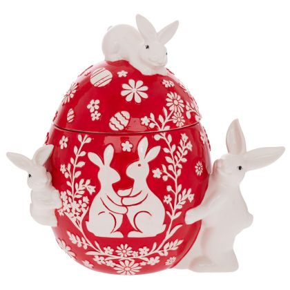 ЧЕРВЕН КЕРАМИЧЕН БУРКАН ЗА БИСКВИТКИ С ФОРМА НА ЯЙЦЕ СЪС ЗАЙЧЕТА 25X20X30 СМ