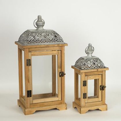 S/2 дървени фенера бели метални сиви 22X22X54.5СМ/14.5X14.5X37.5СМ