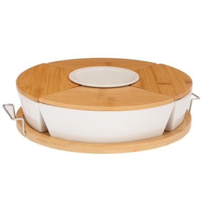 Bamboo plate with 5 ceramic bowls D32 28.5X7 cm