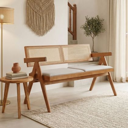 Winslow two-seater sofa made of rubber wood in light walnut color - light gray fabric 130x60x77.5 cm