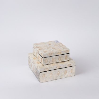 Decorative box S/2, beige, mussels, iridescent white 20X20X8CM / 15X15X6CM