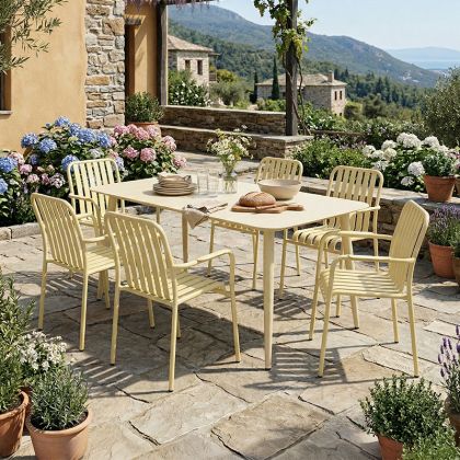Heven Vista table and chairs set, set of 7 pieces, champagne color, aluminum, 150x80x72 cm